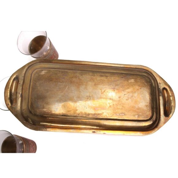 Vintage Indian Brass & Glass Hammered Cups & Tray  Engraved Floral Lassi - 4 Set - Picture 5 of 9